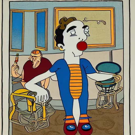 Image similar to the greek god eros who is a clown, has hurt his knee and sitting in a chair and is watching the game on tv with a beer in hand, by chris ware