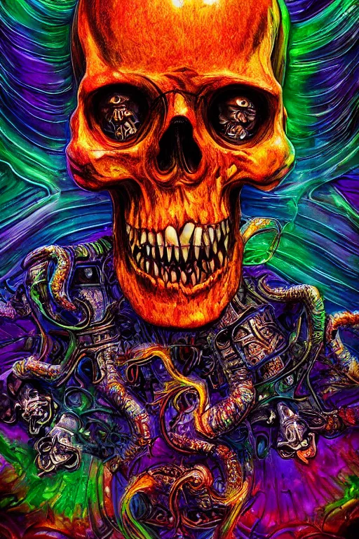 Image similar to 35 mm lens photo of chthonic scull lsd colors with sharp teeth and rgb background smoke, direct sunlight, glowing, vivid, detailed painting, Houdini algorhitmic pattern, by Ross Tran, WLOP, artgerm and James Jean, masterpiece, award winning painting