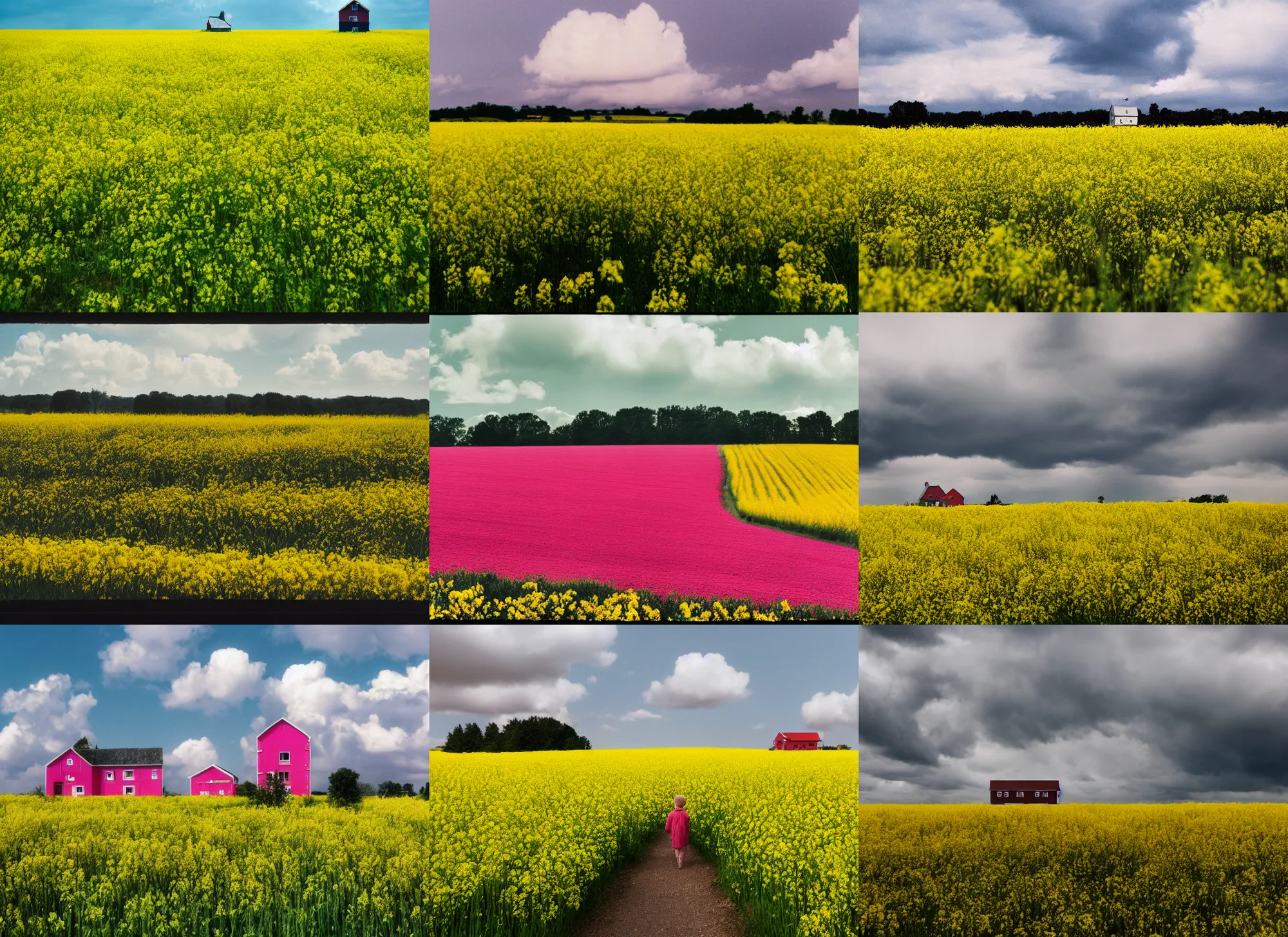 Prompt: still frame from a wes anderson movie of a meadow with a small pink farm house and rapeseed field, massive clouds, 1 6 mm f 1. 4 lens, nikkor, canon, sigma, award - winning landscape photography