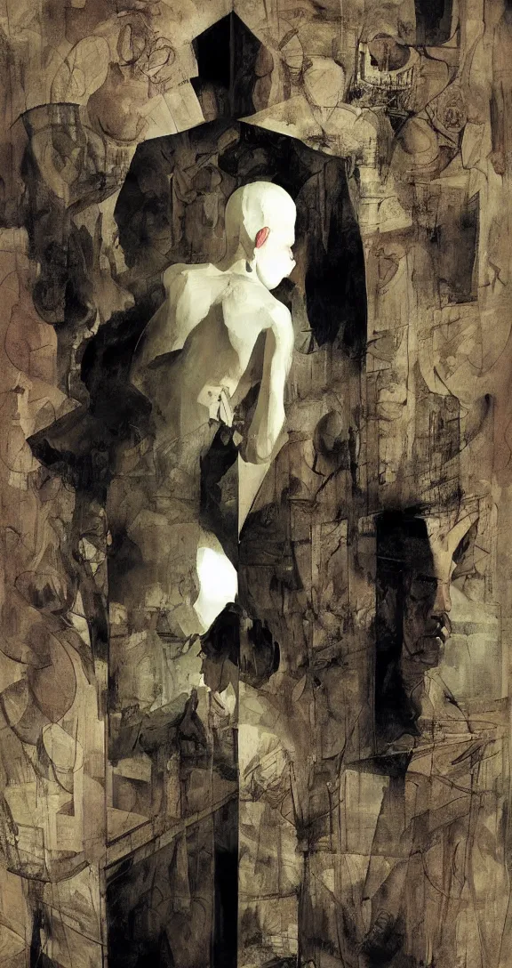 Image similar to Stuck behind the mirror, book cover, maximalism, general human form, photorealistic, deep shadows, by Dave McKean