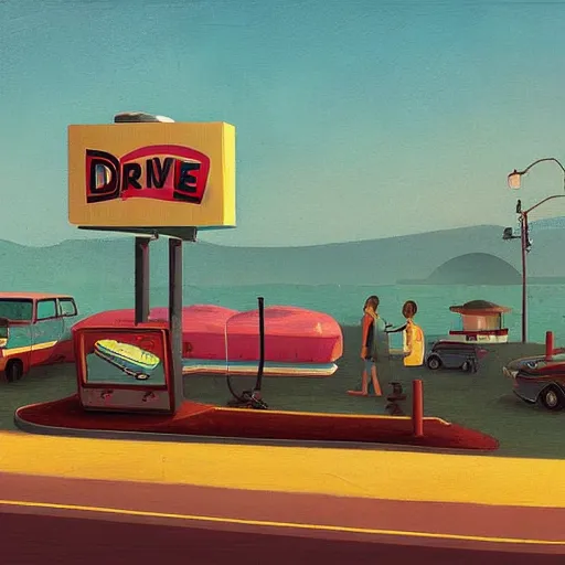 Image similar to drive - in burger restaurant by the beach by simon stalenhag