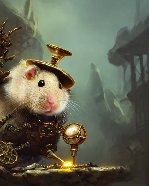 Image similar to oil painting of anthropomorphized hamster holding shiny gem, steampunk clothes, close shot, full body, dark steampunk mine shaft background, sharp focus, fantasy style, octane render, volumetric lighting, 8k high definition, by greg rutkowski, highly detailed, trending on art Station, dungeons and dragons artwork, centered