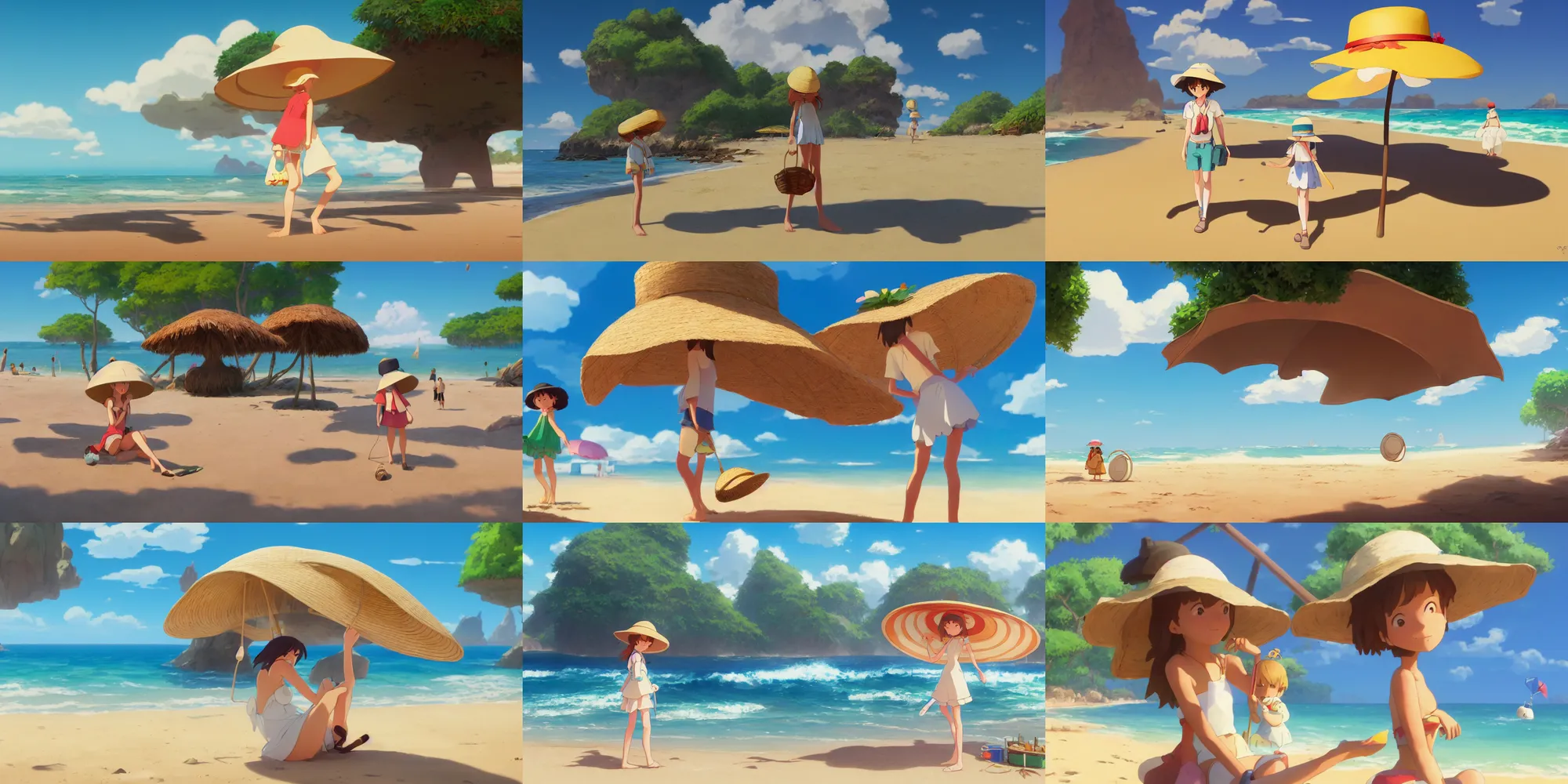 Prompt: a wholesome animation key shot of a cute beach wearing a sunhat, studio ghibli, pixar and disney animation, sharp, rendered in unreal engine 5, anime key art by greg rutkowski, bloom, dramatic, dynamic lighting