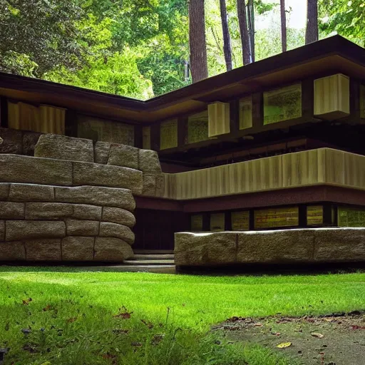 Image similar to house designed by frank lloyd wright, forest