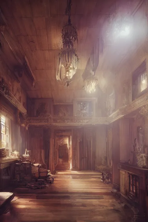 Image similar to inside an old house, intricate, elegant, volumetric lighting, scenery, digital painting, highly detailed, artstation, sharp focus, illustration, concept art,ruan jia, steve mccurry