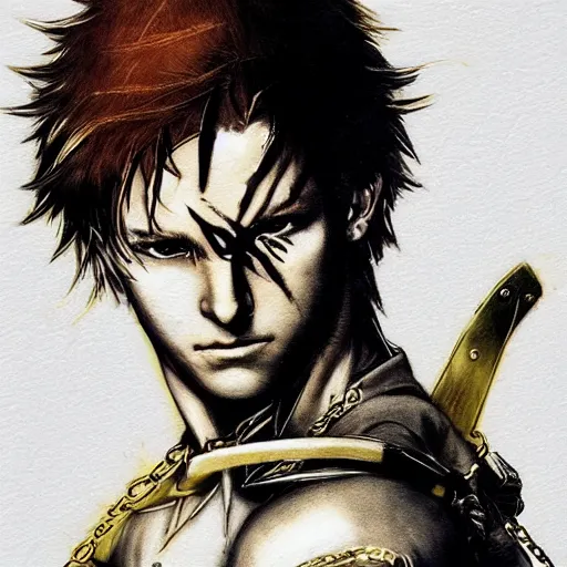 Image similar to portrait of a young white hero using his right arm to hold his sword covering his eye by yoji shinkawa, high quality, extra details, realism, ornate, colored, golden chain, blood, white skin, short hair, brown eyes, vivid, sunlight, dynamic, american man, freedom, white american soldier, pencil drawing, cybernetics, military