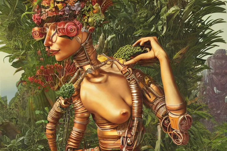 Image similar to evangelionic illustration, gigantic girl head, a lot of exotic vegetation, trees, tremendous pleasure robot, flowers, oldschool vintage sci - fi flat surreal design, super - detailed, oil painting by moebius, hd, 4 k, high quality