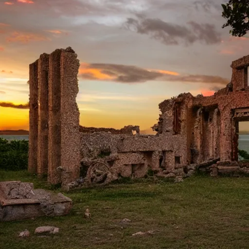 Image similar to a photo of the ruines of a geek temple during sunset on an island, 5 0 mm lens, f 1. 4, sharp focus, ethereal, emotionally evoking, head in focus, volumetric lighting, blur dreamy outdoor,