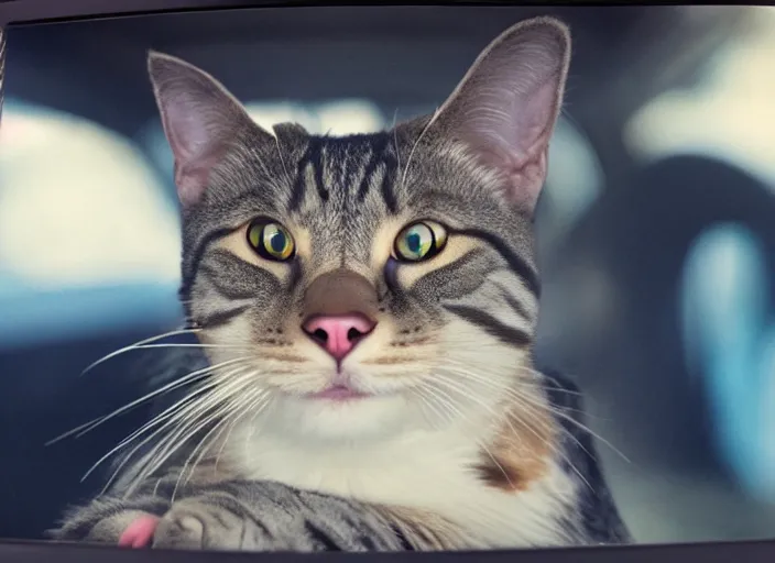 Image similar to A very high resolution image from a new movie, a cat driving a car around, inside of a car , mountains, Polaroid, directed by wes anderson