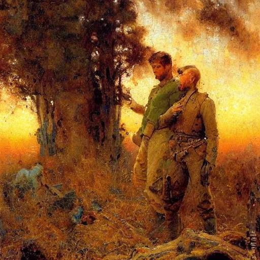 Image similar to Gaston Bussiere painting of tired and battered soldiers looking up and observing the first rays of sunlight during dawnbreak, dramatic painting, dark, scary, hopeful