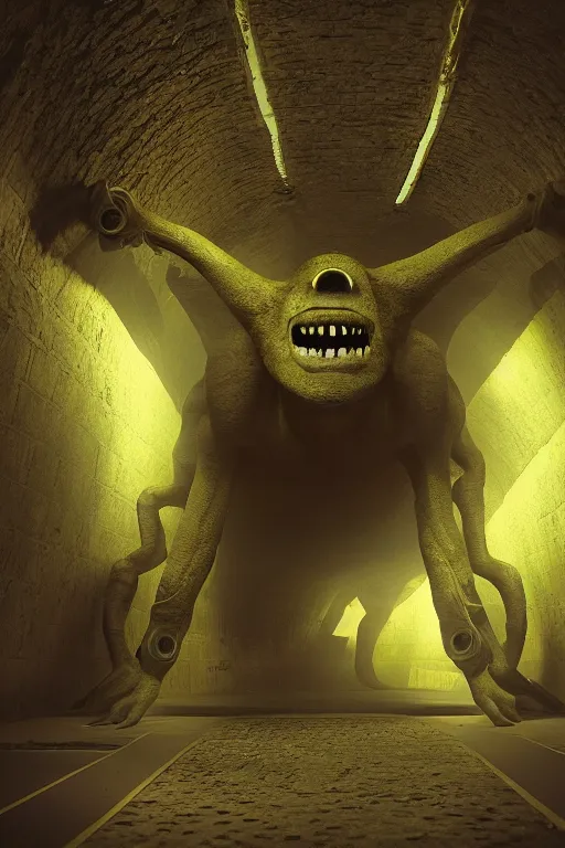 Image similar to Underground Lab, Huge monster alien, yellow, cinematic, 32k, cinematic lighting, octane