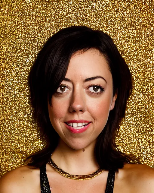 Prompt: 35mm macro photograph Beautiful aubrey plaza, flirting expression, wearing a camisole, vibrant high contrast, octane, arney freytag, Fashion photo shoot,, glamorous, gold necklace, shot in the photo studio, backlit, rim lighting, 8k