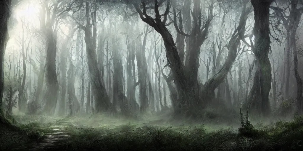 Image similar to beautiful matte painting of a fantasy dark forest