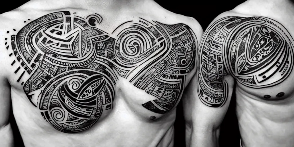 Image similar to black and white tattoo design with alien cryptic calligraphy symbols, by gakkin 8 k, highly detailed