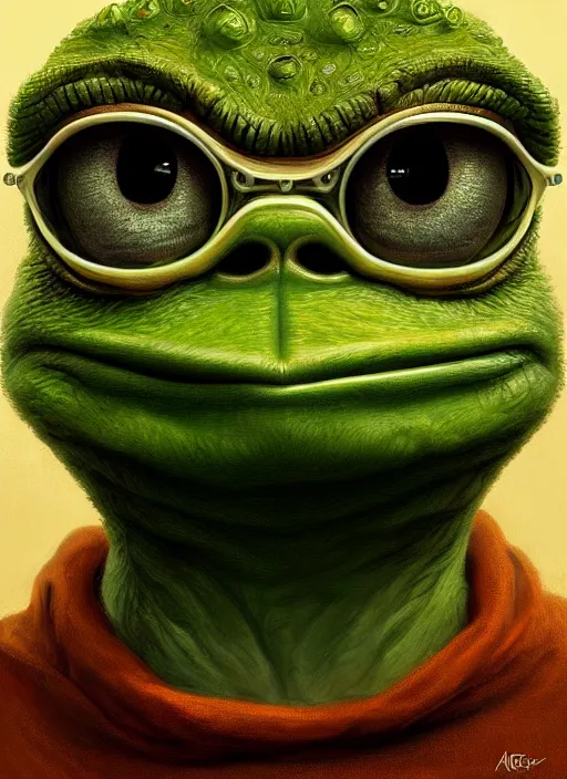 Image similar to pepe the frog!!!, male, sad, depressed, portrait, intricat, highly detailed, digital painting, artstation, concept art, wallpaper, smooth, sharp focus, illustration, art by h. r. giger and artgerm and greg rutkowski and alphonse mucha