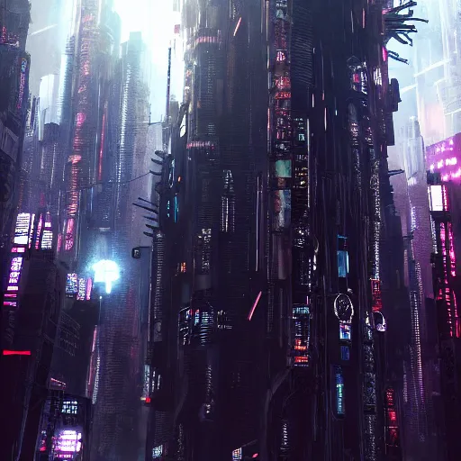 Image similar to Fully dark cyberpunk city with one building in the middle with only one window shining in style of Tsutomu Nihei. ArtStation, Cyberpunk, Vertical Symmetry, 8K, Highly Detailed, Intricate, Album Art.