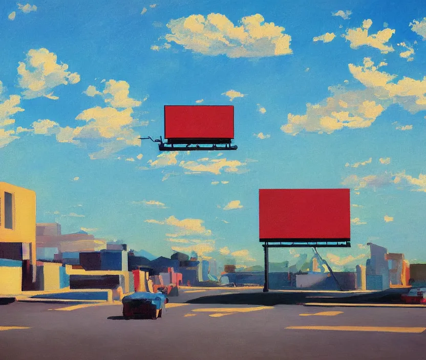 Image similar to a very detailed painting of one ad billboard, baby blue sky with very aesthetic stylized clouds, in the style of edward hopper and kandinsky, very small brushstrokes, 4 k,