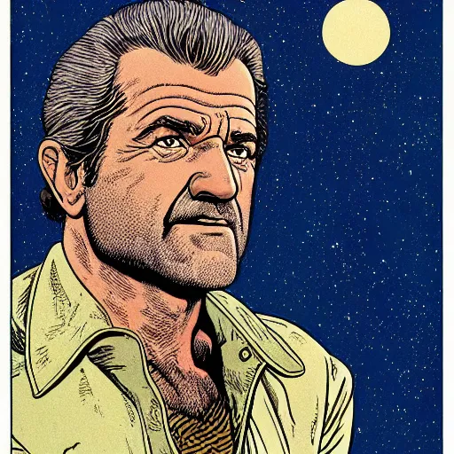 Prompt: mel gibson retro minimalist portrait moebius starwatcher comic by jean giraud, 8 k