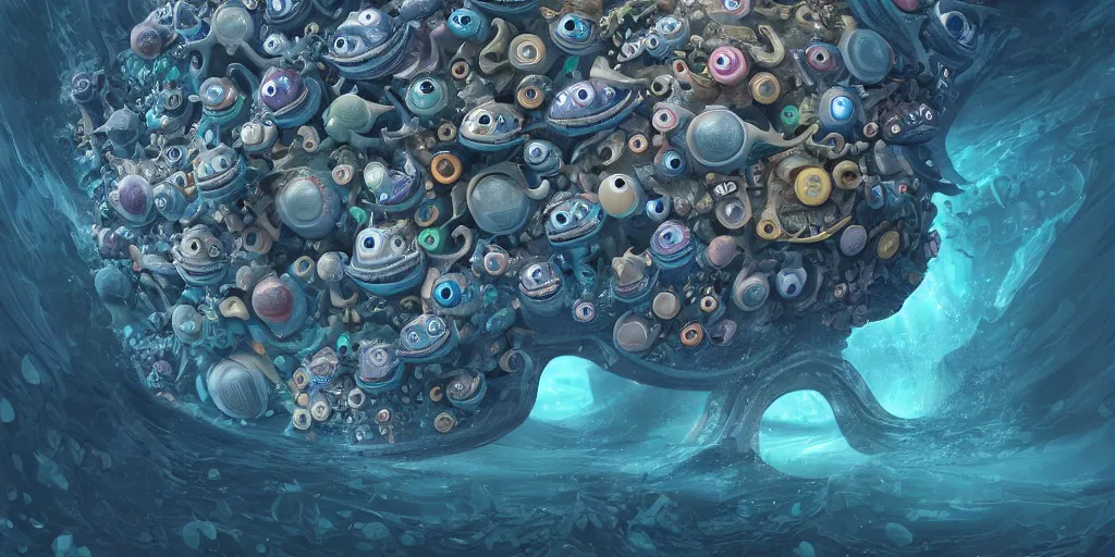 Image similar to of an intricate deep sea with strange cute friendly happy creatures with huge eyes, mouth, long tongue, round teeth and goofy face, appearing from the background, in the style of gehry and gaudi, macro lens, shallow depth of field, ultra detailed, digital painting, trending artstation, concept art, illustration, cinematic lighting, photorealism, epic, octane render