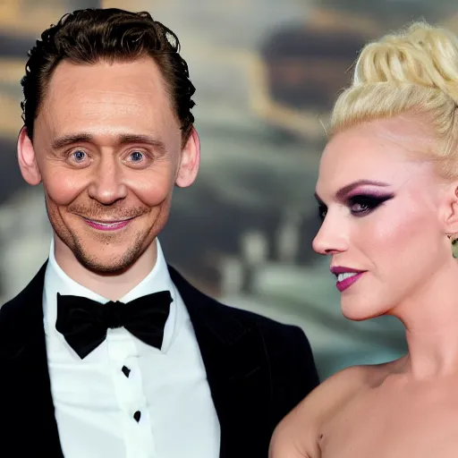 Prompt: Tom Hiddleston dressed as his character Loki and flirting with a skinny blonde woman wearing Mickey Mouse ears