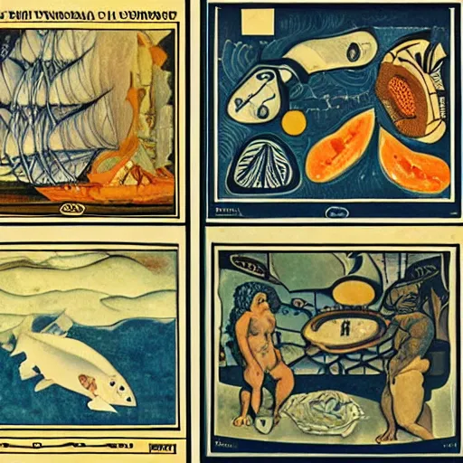 Prompt: Inverted Polynesian Way Starting out by William Hogarth and Lawren Harris theorem, speed works efficiently compared toaquatic cosmic ocean meat bell cell, by Schiele Beech and David Hocknet, tarot card,