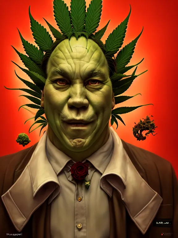 Image similar to a portrait of a cannabis devil premier francois legault illustrated by miyazaki by karol bak, james jean, tom bagshaw, rococo, sharp focus, trending on artstation, cinematic lighting, hyper realism, octane render, 8 k, hyper detailed, vivid, ultra detailed, highly detailed