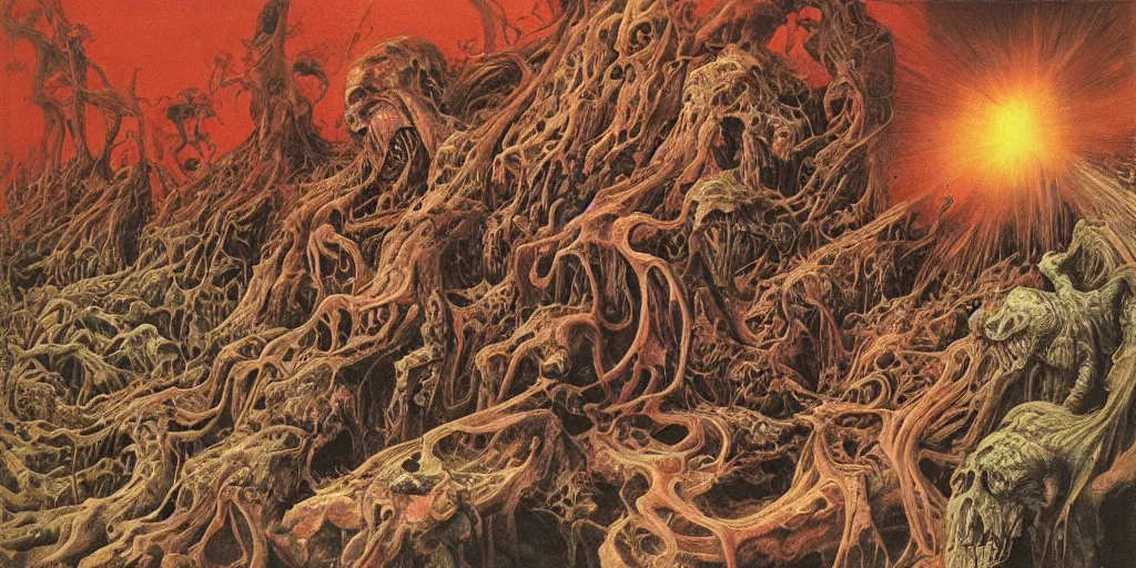 Image similar to visions of hell, fluid, smooth, organic, crazy, bright, colours, tumours, high contrast, sharpness, dramatic, very detailed, intricate, by giger and corben and moebius and beksinski and bosch and bacon