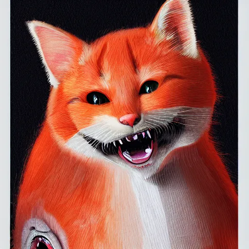 Image similar to orange cat with vampire fangs in the museum, cuddly fur, highly detailed, sharp focus, digital painting, artwork by Victor Adame Minguez + Yuumei + Tom Lovell + Sandro Botticelli