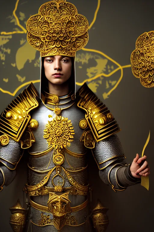 Image similar to hyperdetailed matte illustration of a knight wearing an ornate gold headpiece and holding a flower with a map of the collective subconscious in the background by octane render