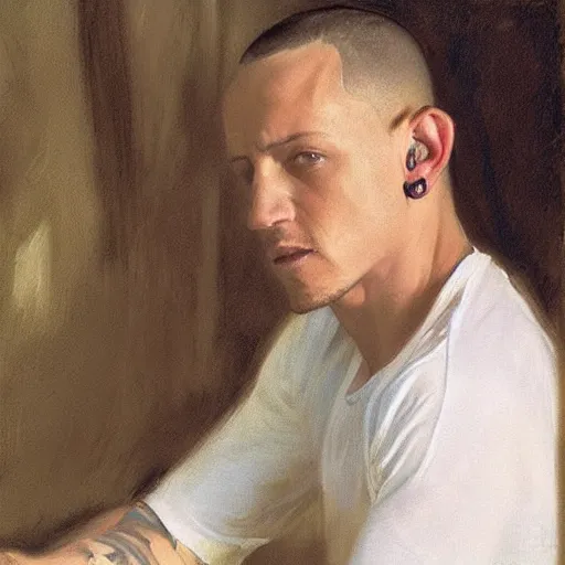 Prompt: portrait of chester bennington by john singer sargent, in a white tank top singing, high detail, photorealistic, movie still