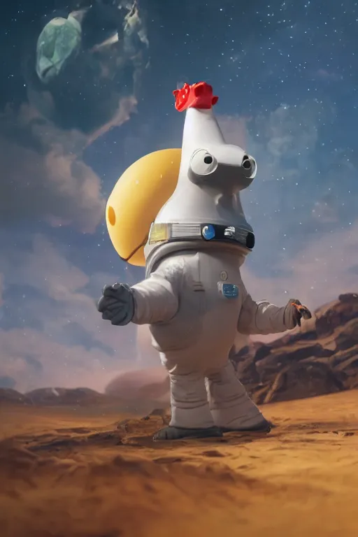 Image similar to a lonely chicken wearing a space suit without helmet in a alien planet, profile picture, digital art, concept art, trending on DeviantArt, highly detailed, high quality, 4K, cartoon, high coherence, path traced, blue sky in the background, octane render, digital painting, no helmet, masterpiece, anatomically correct, hyperrealistic