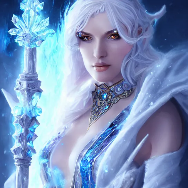 Prompt: beautiful elemental ice witch with ornate robes and staff, highly detailed, 4 k, hdr, smooth, sharp focus, high resolution, award - winning photo, artgerm, photorealistic