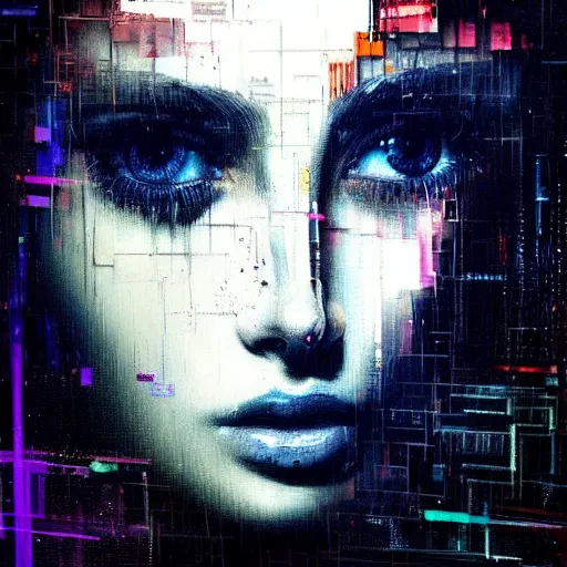 Prompt: hyperrealistic portrait of a young women with crystal eyes, by Guy Denning, by Johannes Itten, by Russ Mills, glitch art, hacking effects, digital tech effects, cyberpunk, color blocking!, oil on canvas, intricate detail, concept art, abstract, detailed lines, clean, polished, octane, cgsociety, 8k, trending on artstation