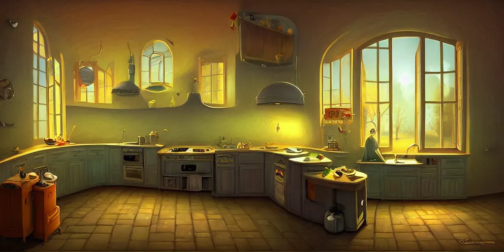 Prompt: curved perspective digital art of a dim lit kitchen by Gediminas Pranckevicius and charles addams