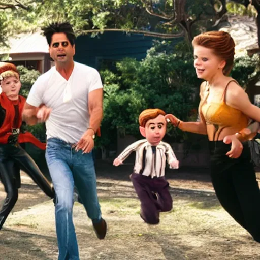 Prompt: UHD candid photo of panicked John Stamos being chased by the lollipop guild, UHD, photorealistic, correct face, photo by Annie Leibowitz