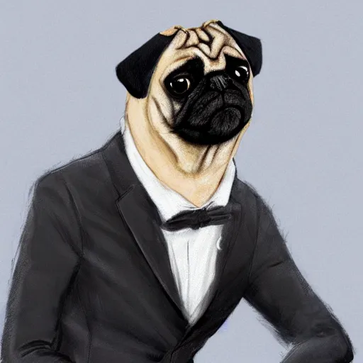 Image similar to a gentleman pug wearing a black jacket and a cap, art station