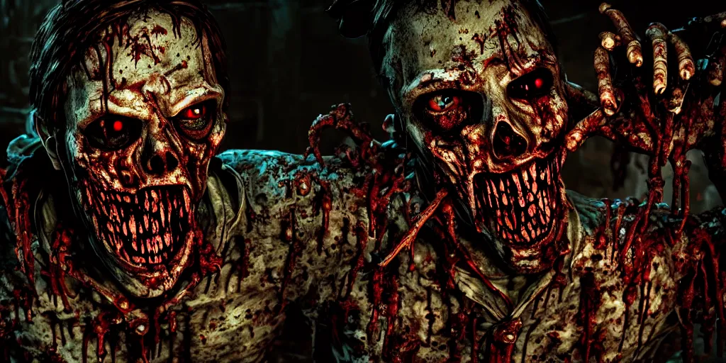 Image similar to A rotted zombie cowboy in a dark tomb, hyper detailed, in a movie directed by Sam Rami , cinematic