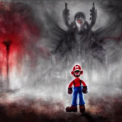 Image similar to concept art of mario in a ruined kingdom, resident evil, horror, occult, terror, mist, volumetric render, digital painting, detailed painting