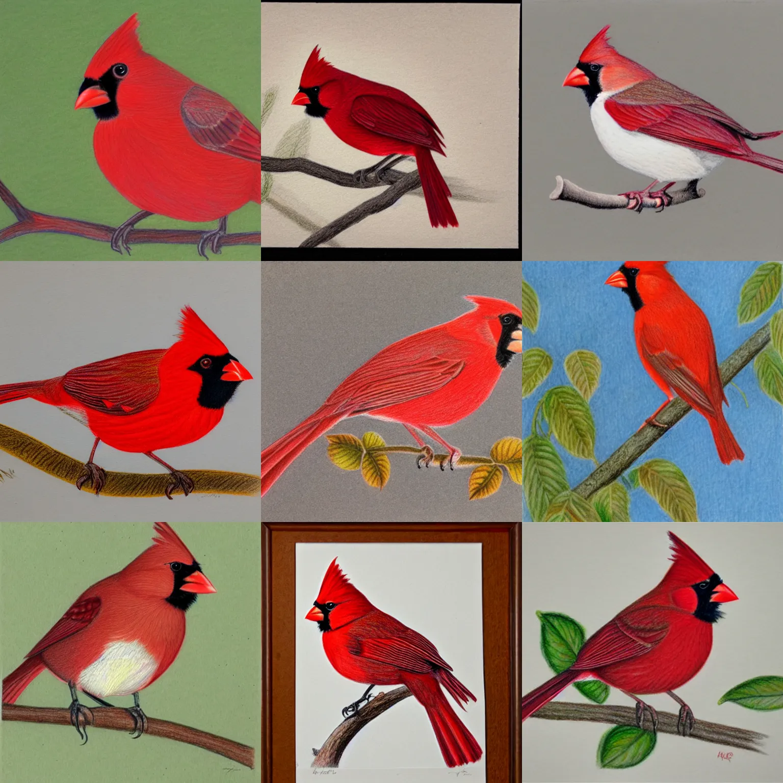 Prompt: a color pencil drawing of a northern cardinal, white background