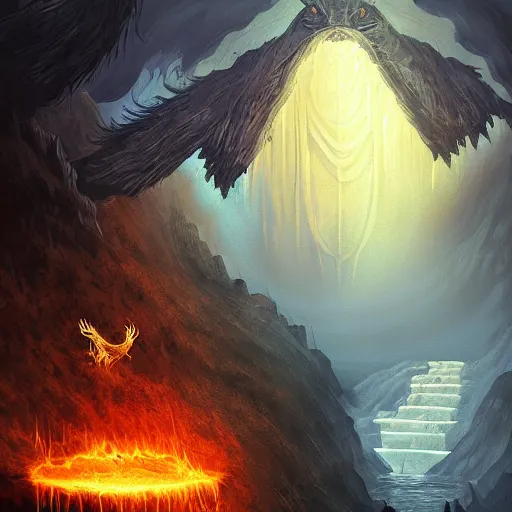 Prompt: Digital art by Anato Finnstark. Gandalf stands on a narrow bridge in the dwarven mines. A Balrog a creature of flame and shadow roars at him.