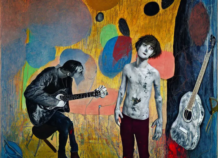 Image similar to nervous boy with acoustic guitar, vincent lefevre and hernan bas and pat steir and peter doig and hilma af klint, psychological, photorealistic, dripping paint, washy brush, rendered in octane, altermodern, masterpiece