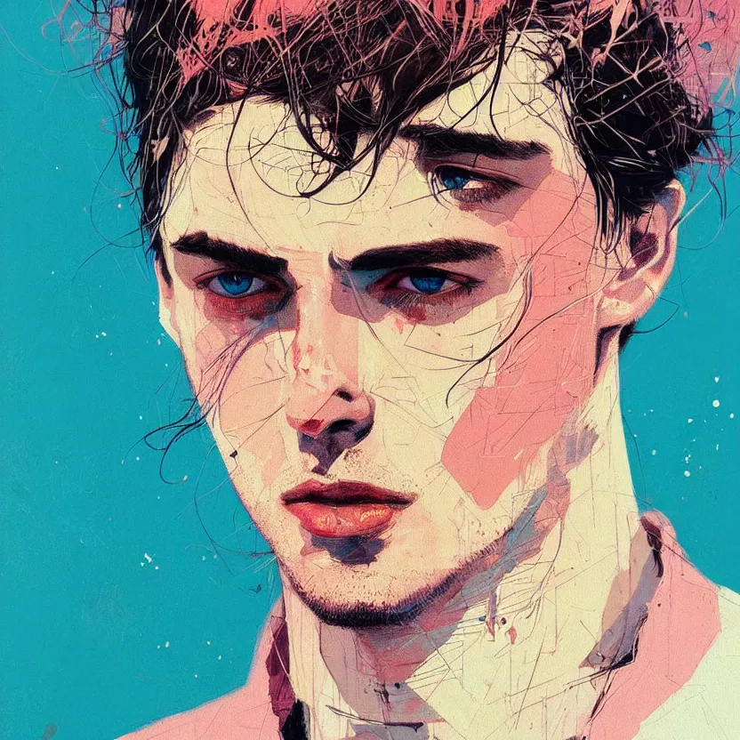 Image similar to close up portrait painting of a male musician in nineties street styling, concept art, intricate details, aesthetically pleasing pastel colors, art by conrad roset, impressionism, portrait