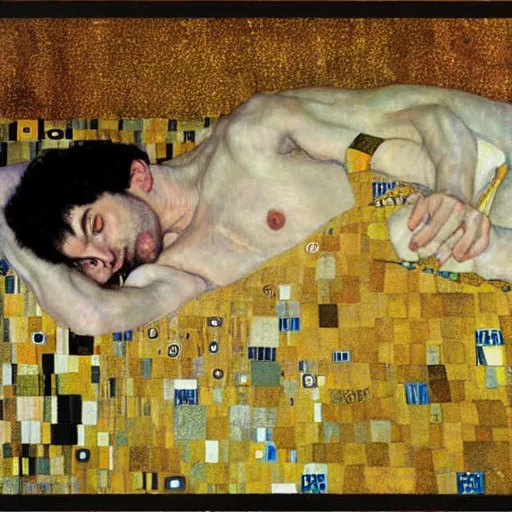 Prompt: a man laying on a pile of sheets, full body, Gustav Klimt
