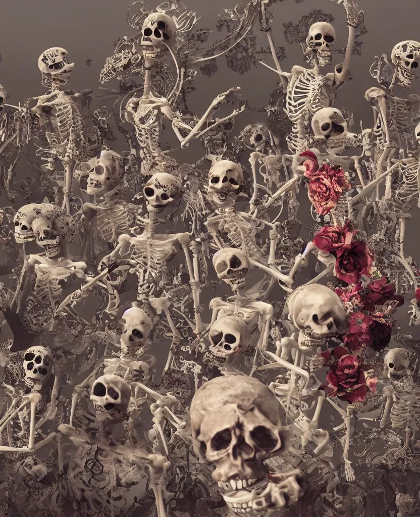 Prompt: dia de muertos detailed skeletons dancing in Mexico, highly detailed, cinematic, dramatic, unreal engine, iray, render, zbrush, pixar, realistic, Octane, realistic