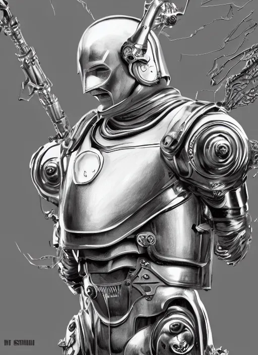 Prompt: powerful male tin man, christian bale as tinman, full body character concept, covered in full metal armor, plating, art nouveau, super powers, fantasy, intricate, elegant, highly detailed, digital painting, artstation, concept art, shining, sharp focus, illustration, art by stanley lau