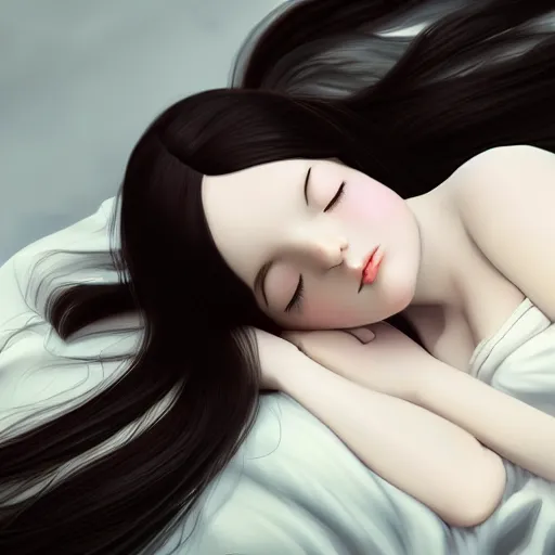 Image similar to little girl with an long black hair dressed in a simple white dress sleeping, anime art style, digital art ilya kuvshinov, inspired by balthus, hd, 4 k, hyper detailed, top view, dark, anatomically correct, angelic face