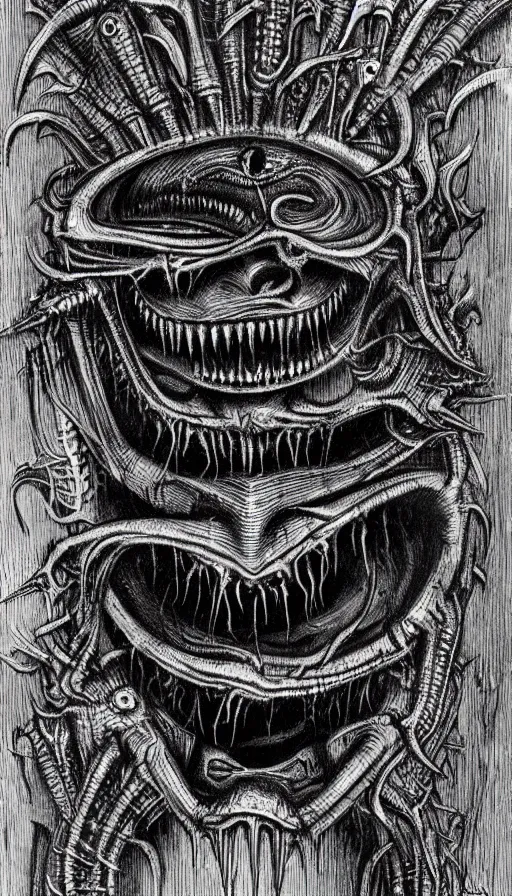 Image similar to a storm vortex made of many demonic eyes and teeth, by hr giger