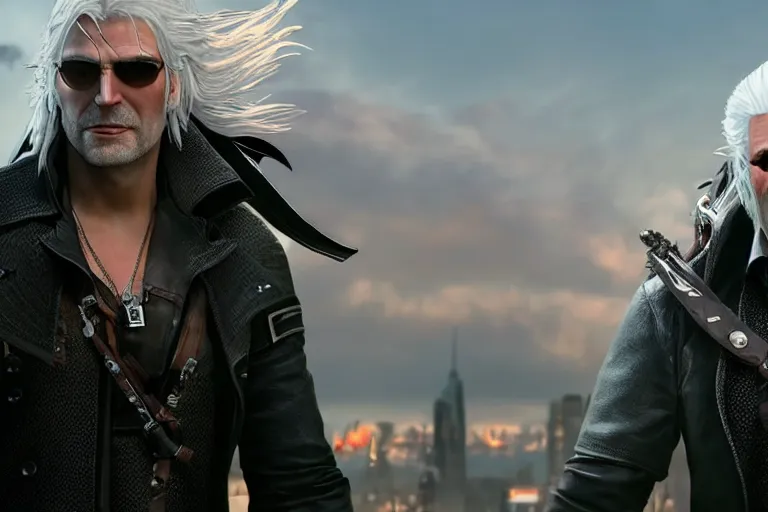 Image similar to vfx movie closeup suave handsome grinning vampire with long white hair, trench coat, dual wielding large revolvers, leaping into the air, low gravity in a shattered reality of new york city, cool aviators witcher devil may cry by emmanuel lubezki