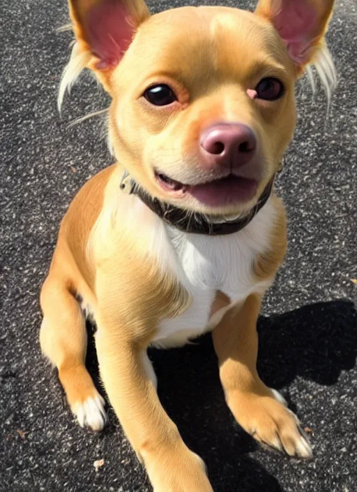 Image similar to fully grown tan pit bull, long - haired chihuahua, pomeranian mix