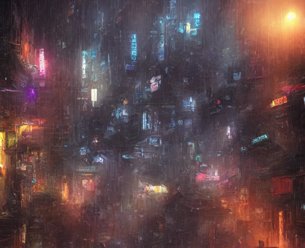 Image similar to the city of kathmandu in a dystopian future, rainfall, night, neon lights, concept art, highly detailed, cinematic, from far away